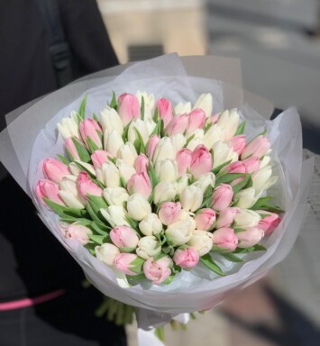 An elegant bouquet of 50 tulips in pink and white shades