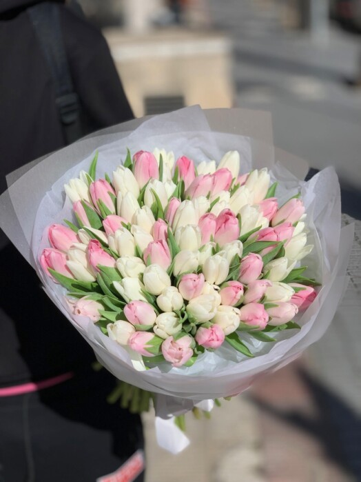 An elegant bouquet of 50 tulips in pink and white shades