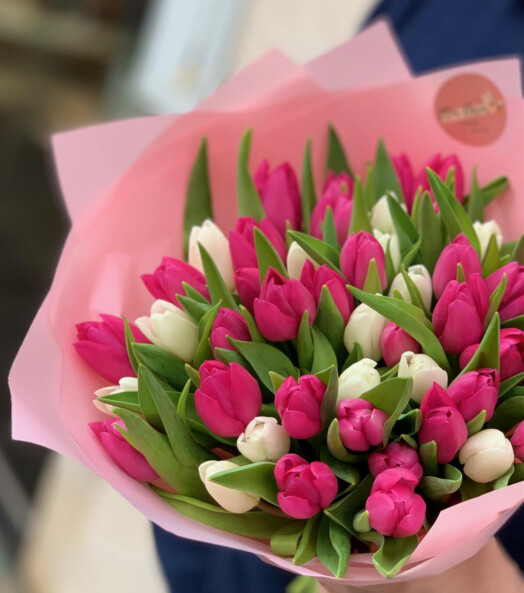 Elegant bouquet of 45 fresh tulips