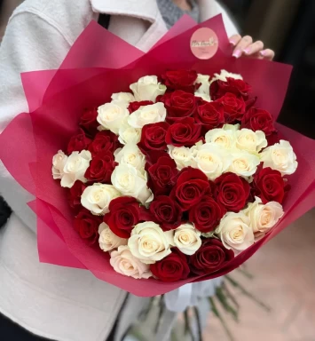 A Bouquet of 50 Red and White Roses in Luxury Packaging