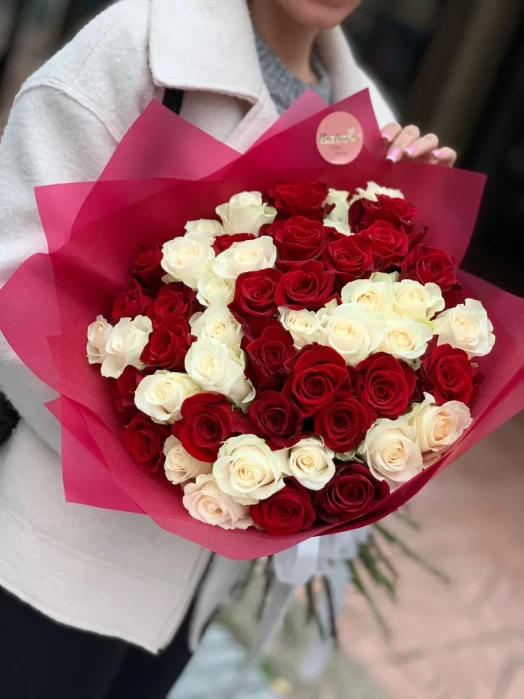 A Bouquet of 50 Red and White Roses in Luxury Packaging