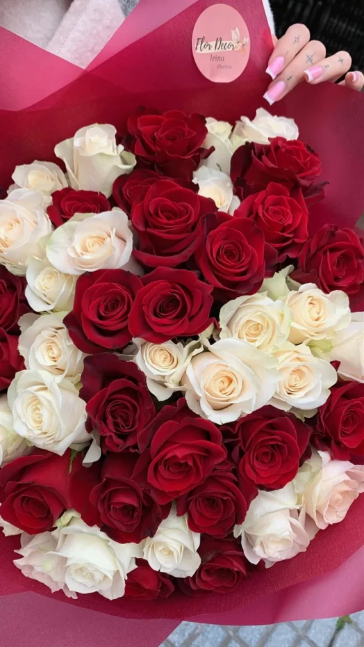 A Bouquet of 50 Red and White Roses in Luxury Packaging
